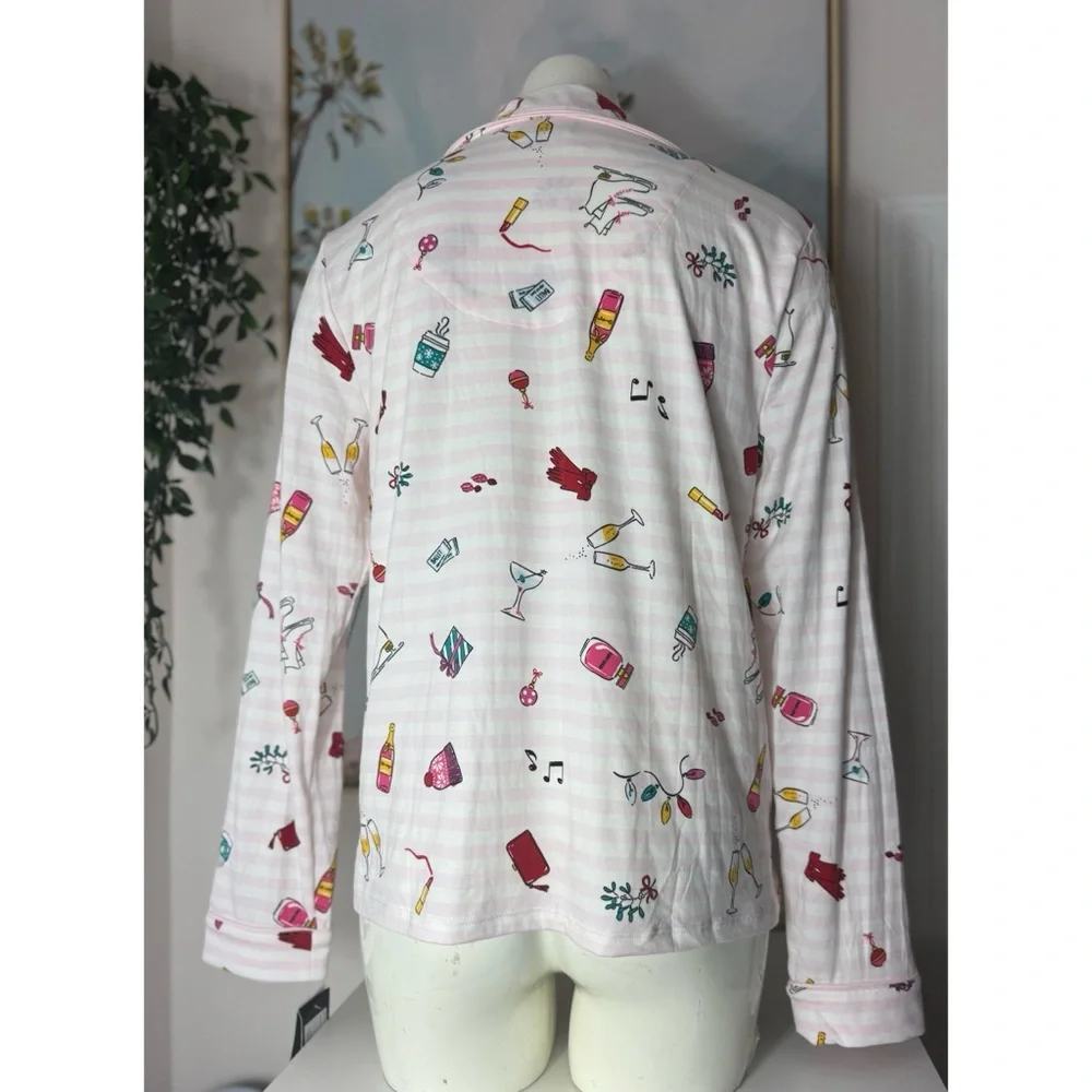 Kate Spade Holiday Cheer Pink White Stripe Button Front PJ Top Size Small
